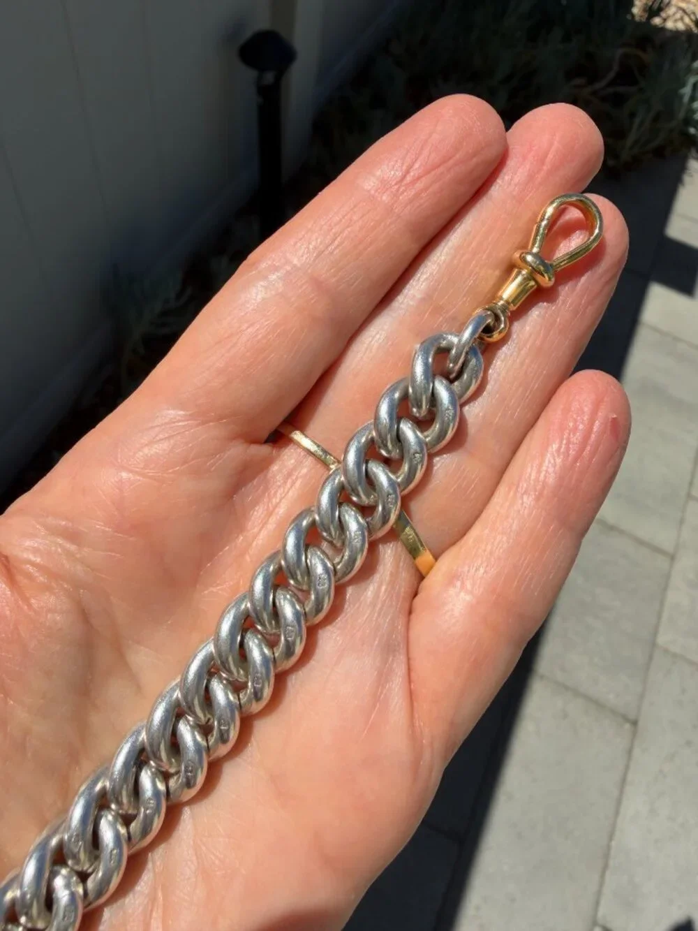 Chunky antique sterling silver curb chain bracelet with XL gold dog clip, 6.5